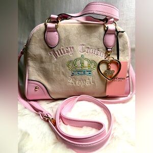 NEW Juicy Couture Tan Pink Velour Juicy Kingdom Bowler Bag